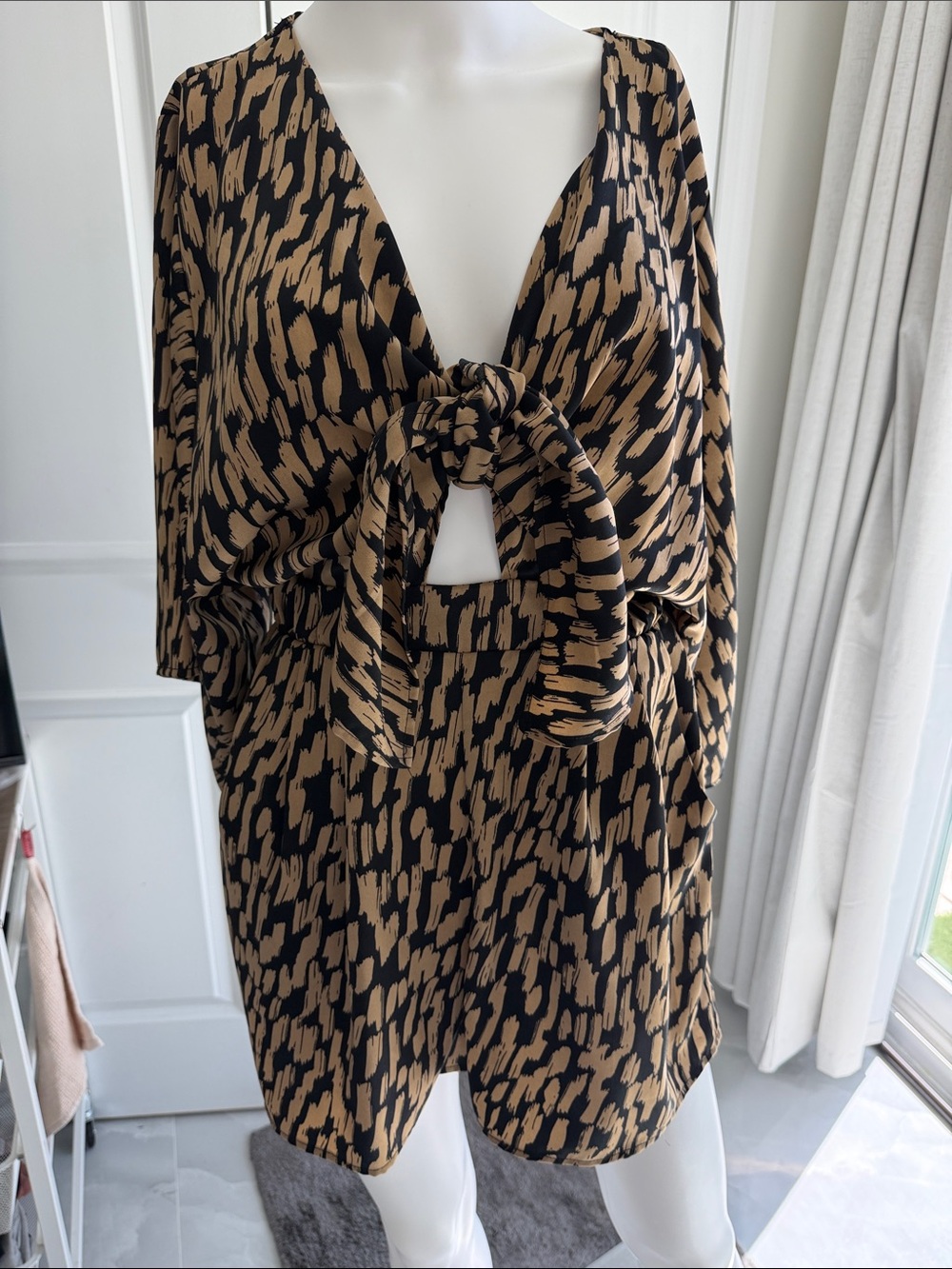 NWOT Flawless Black & Tan Printed Tie-Front Jumpsuit